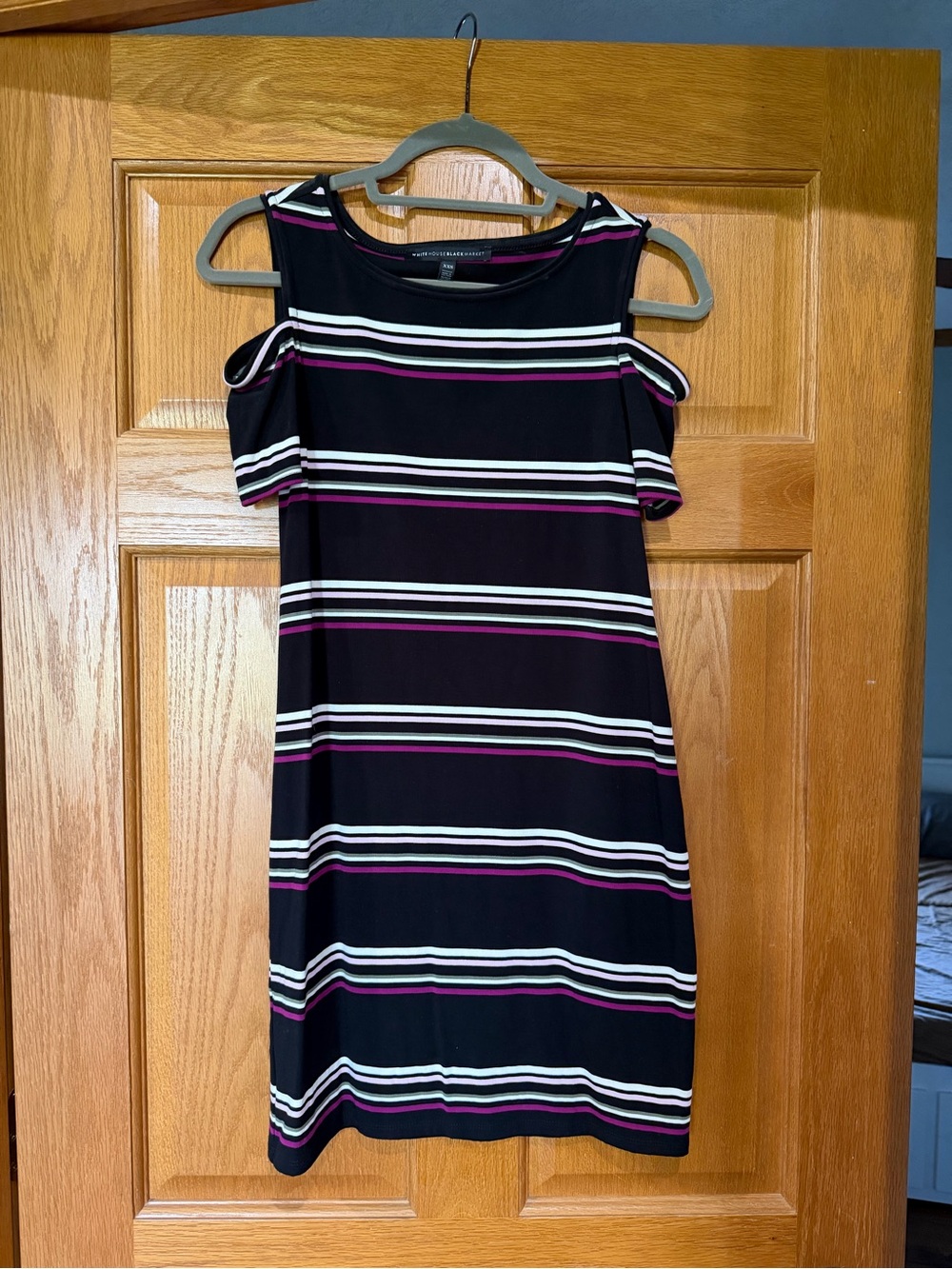 Cold-Shoulder Black Striped Dress with Pink and White Accents